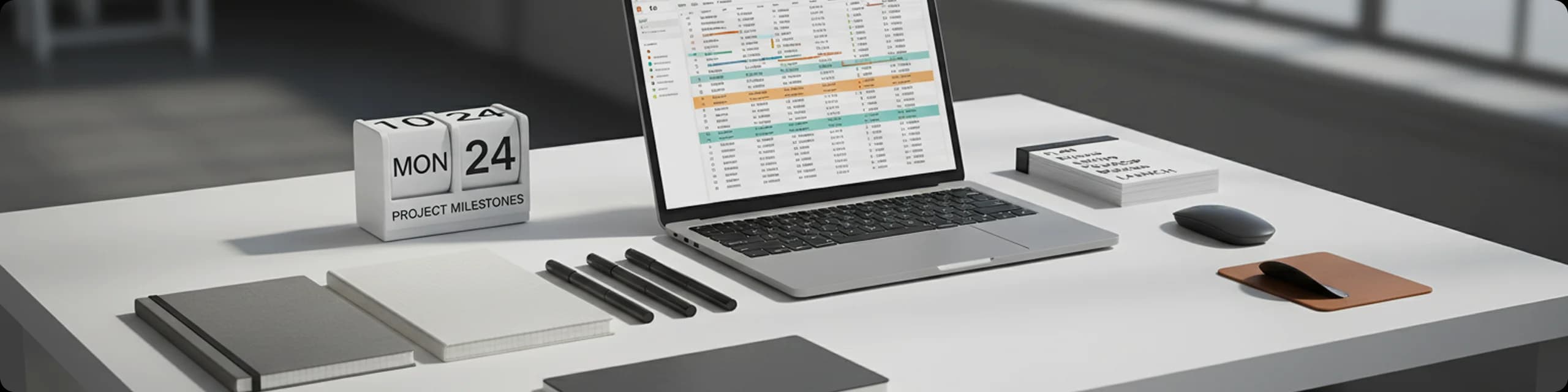 A desk set out with a laptop and a project milestones calendar