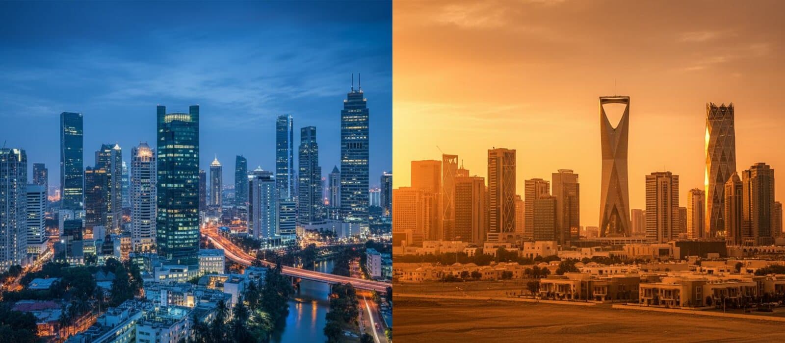 Jakarta and Riyadh at dusk