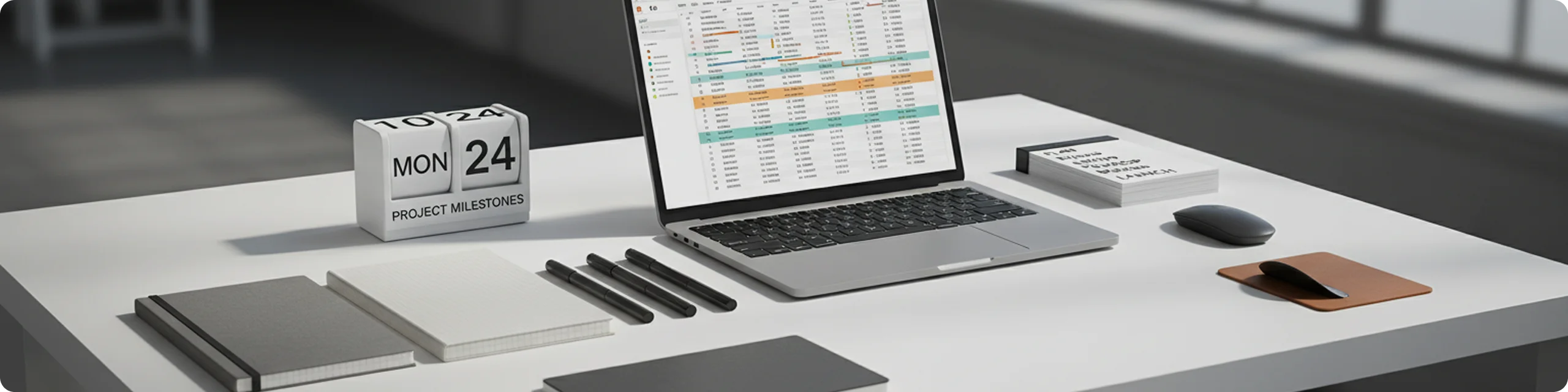 A tidy desk with a laptop showing a spreadsheet, a desk calendar and notebooks.